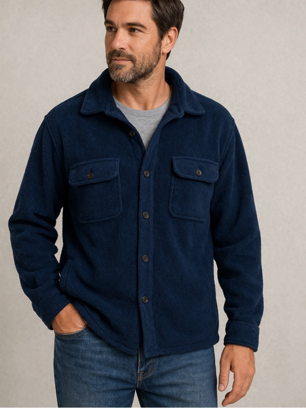 Lands’ End Fleece Shirt Jacket XL Blue Button Front Shacket Heavy Soft